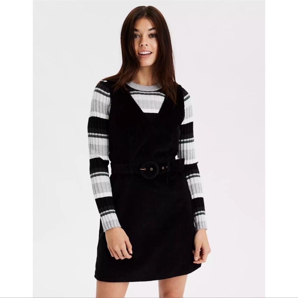 AMERICAN EAGLE Corduroy V Neck Belted Mini Dress In Black